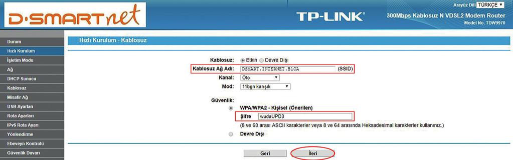 Adım 12: Bu bölümde modeminizin Kablosuz Wifi ayarlarını yapılandırmanız gerekmektedir.