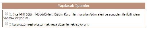 Eğer giren kişi İl MEM yetkilisi ise İl, İlçe Millî Eğitim Müdürlükleri, Eğitim Kurumları kurulları/zümreleri ve sonuçları ile ilgili işlem yapmak istiyorum.