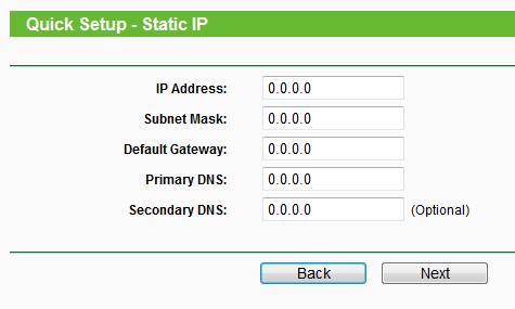 c) Eğer seçiminiz Static IP ise, ISS dan sağlanan IP Adresi, Subnet Mask, Default Gateway ve Primary DNS