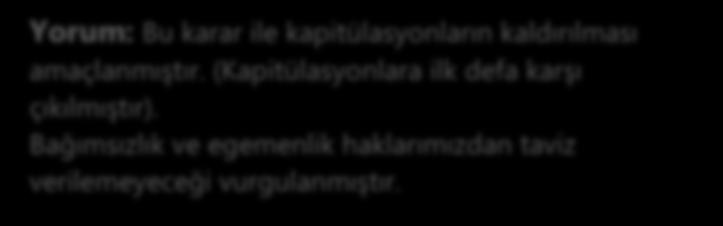 MİSAK-I MİLLİ KARARLARI (28 OCAK 1920) 1- Sınırlar: Mondros Ateşkesi imzalandığı sırada Türk askerinin koruduğu, Müslüman Türk nüfusun çoğunluğu oluşturduğu vatan toprakları bir bütündür parçalanamaz.