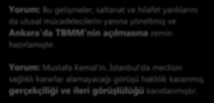 TBMM NİN AÇILMASI (23 NİSAN 1920) 16 Mart 1920 de İstanbul un İtilaf Devletleri tarafından resmen işgal edilmesi ve Mebusan Meclisi nin dağıtılması, I. TBMM nin açılmasına zemin hazırlamıştır.