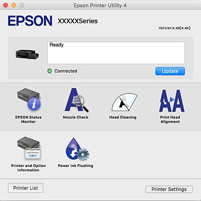 Ağ Hizmeti ve Yazılım Bilgileri Epson Printer Utility Püskürtme denetimi ve yazdırma kafası temizliği gibi bakım özelliklerini çalıştırabilir ve EPSON Status Monitor uygulamasını çalıştırarak yazıcı
