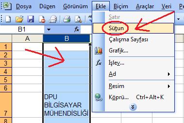 Tabloda araya sütun eklemek için ileri kaydırılacak sütuna gelip Ekle menüsünden Sütun seçeneği kullanılabilir.