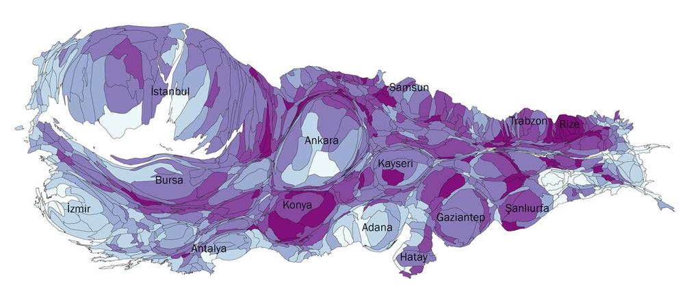 Ak Partililerin Türkiye si Ak Partili lerin Türkiye sinin tüm seçmenlerin oluşturduğu harita ile en büyük farkı, İzmir ve diğer Ege ilçelerindeki küçülme ile Doğu ve Güneydoğu daki ilçelerin