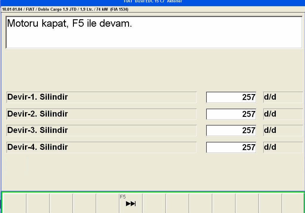 Devam menüsü ileri gidilir ve 3-5 saniye marşa basılır. Marş süresince diyagnostik cihazı her silindirin marş devrini ölçerek Resim 1.