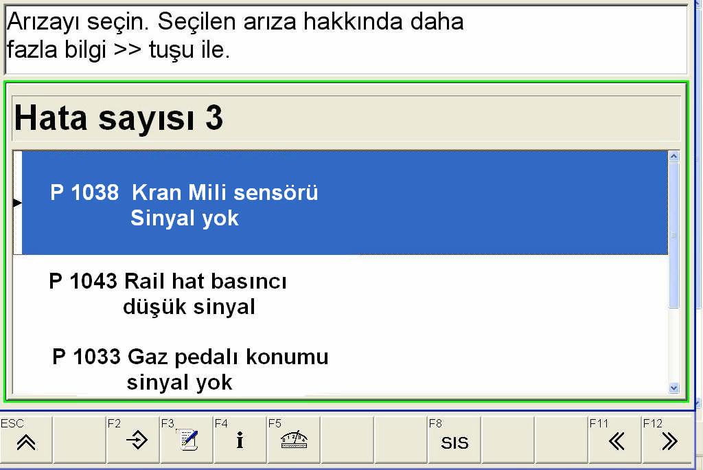 20 de örnek arıza ekranı verilmiştir. Resim 2.20: Diyagnostik cihazı arıza hafızası ekranı Diyagnostik cihazı ekranında arıza veriliyorsa, ilgili sensörlerin soket bağlantıları kontrol edilir.