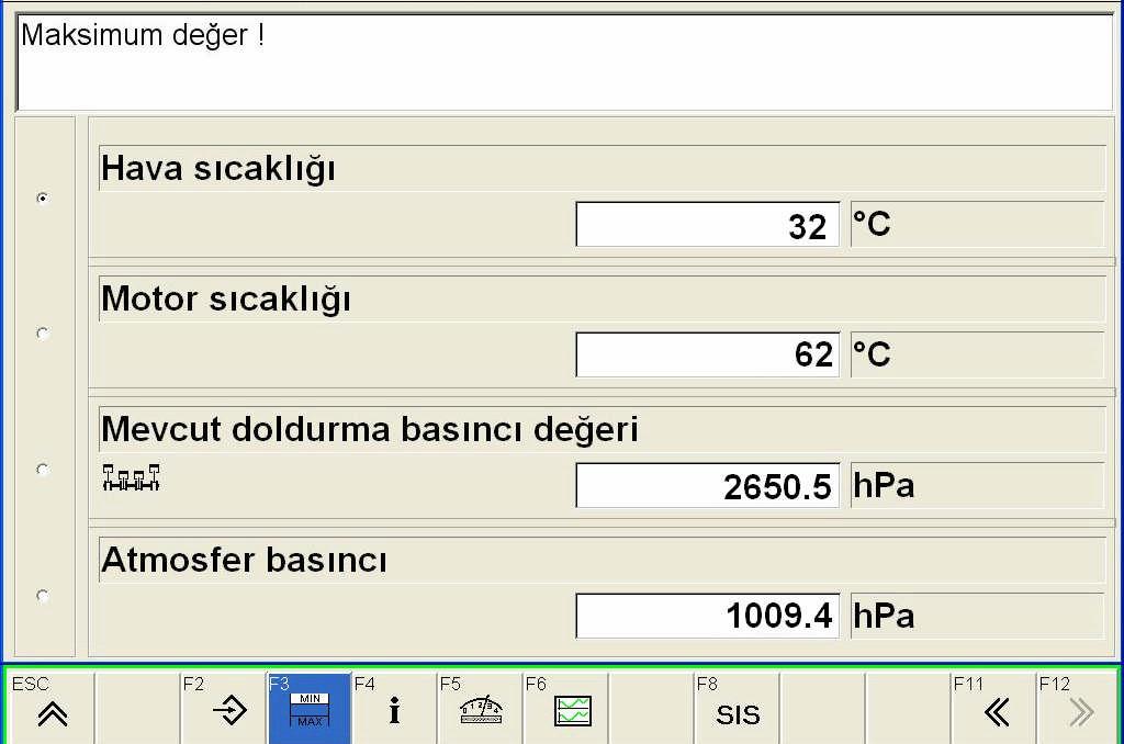 Resim 2.25: Diyagnostik cihazından ölçülen bazı basınç ve sıcaklık değerleri Diyasnostik cihazı ile arıza tespit ve onarım işlemi bittikten sonra diyagnostik cihazının soketi araçtan sökülür.