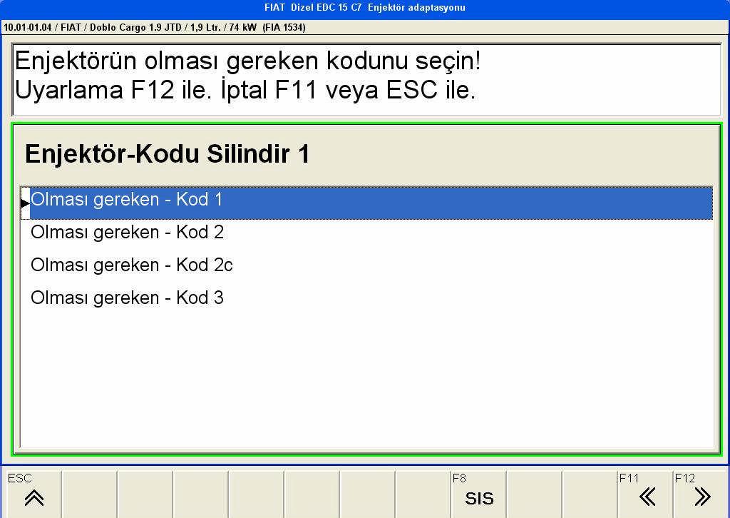 Resim 2.30: Diyagnostik cihazı ile enjektör kodunu girilmesi için silindir seçimi Diyagnostik cihazı menüsünde ilerleyerek gerekli işlem basamaklarını yapılır. Resim 2.