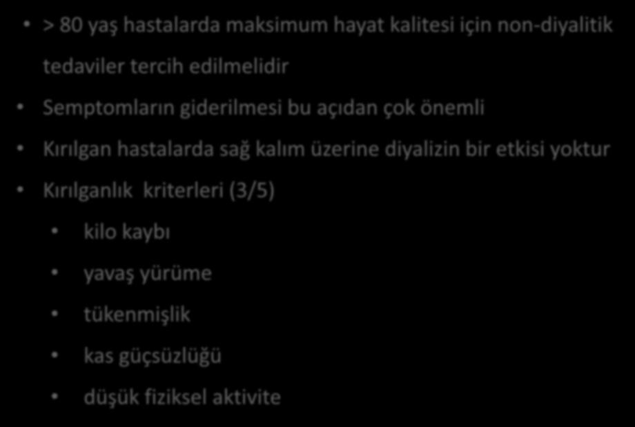 Diyalizsiz tedavilerin maksimum uygulanması > 80 yaş hastalarda maksimum hayat kalitesi için non-diyalitik tedaviler tercih edilmelidir Semptomların giderilmesi bu açıdan çok