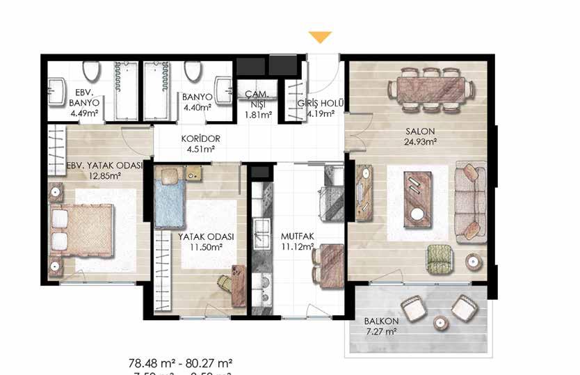 B2 2+1 DAİRE PLANI B2 Blok / Tip 2 Net alan: 78.48 m 2-80.27 m 2 Balkon: 7.50 m 2-8.58 m 2 Balkon dahil toplam net alan: 85.98m2-88.08 m2 Satışa esas brüt alan: 123.38 m 2-137.37 m 2 Salon: 24.