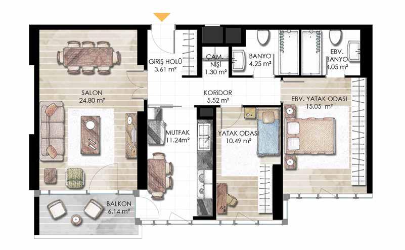 C1 2+1 DAİRE PLANI C1 Blok / Tip 1 Net alan: 80.31 m 2-84.36 m 2 Balkon: 6.09 m 2-9.41 m 2 Balkon dahil toplam net alan: 86.40 m2-93.76 m2 Satışa esas brüt alan: 121.71 m 2-142.10 m 2 Salon: 24.