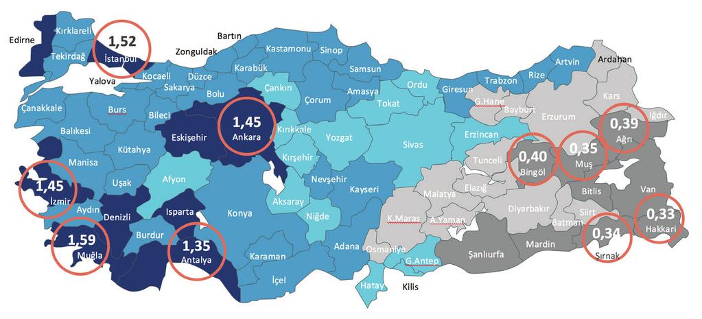 17 ¹ İl bazlı kredi kartı sayısının 18-70 yaş nüfusa oranını göstermektedir.