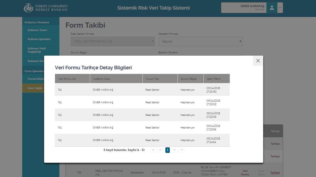 Veri Formu Listeleme Ekranında ; 1. Veri Formu No 2. Firma Adı 3. Durum Bilgisi Hazırlanıyor: Giriş aşamasında veri formların aldığı durum statüsüdür.