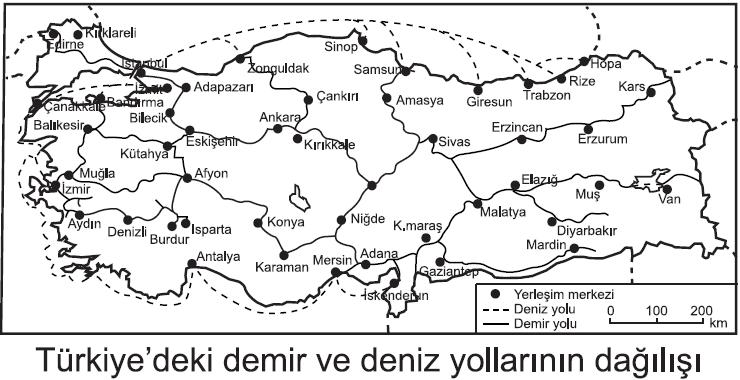 Deniz ve Demiryolu Ulaşımı Demiryolu Ulaşımı: Türkiye de yer şekillerinin olumsuz durumu demiryolu ulaşımının gelişmemesine sebep olmuştur.