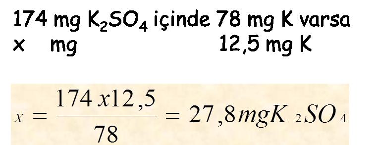 PPM, PPB Örnek; K 2 SO 4 tuzundan 50 ppm K içeren 250 ml çözelti nasıl hazırlanır. 1 ppm K içeren çözeltinin 1 L sinde 1 mg K vardır. 50 ppm K içeren çözeltinin 1 L sinde 50 mg K olmalıdır.