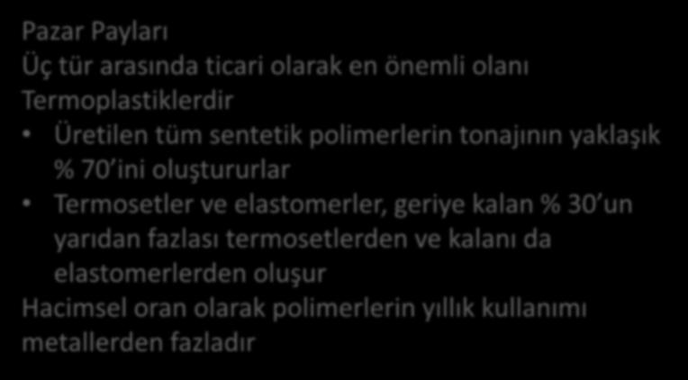 Plastiklerin Genel Özellikleri Pazar Payları Üç tür arasında ticari olarak en önemli olanı Termoplastiklerdir Üretilen tüm sentetik polimerlerin tonajının yaklaşık % 70 ini oluştururlar