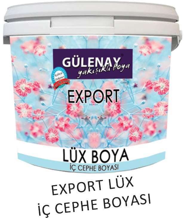 İÇ CEPHE BOYALARI EXPORT LÜX BOYA Export Lüx Boya, su bazlı akrilik kopolimer esaslı mat iç cephe boyasıdır. Çok yüksek kapatma özelliği vardır. Çok güzel yapışır, mükemmel beyazlığa sahiptir.