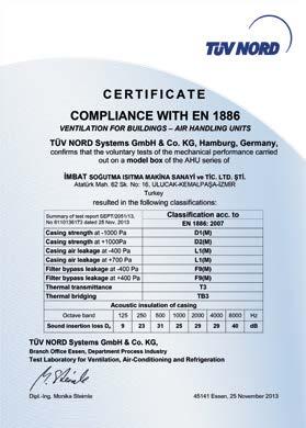 3 7/2ºC Hijyen Soğuk Sulu İç Hava Kalitesi Free Cooling AVRUPA STANDARTLARINA UYGUNLUK İmbat klima santralleri, EN 886:2007 Avrupa standartlarına göre akredite test laboratuvarı TÜV NORD tarafından