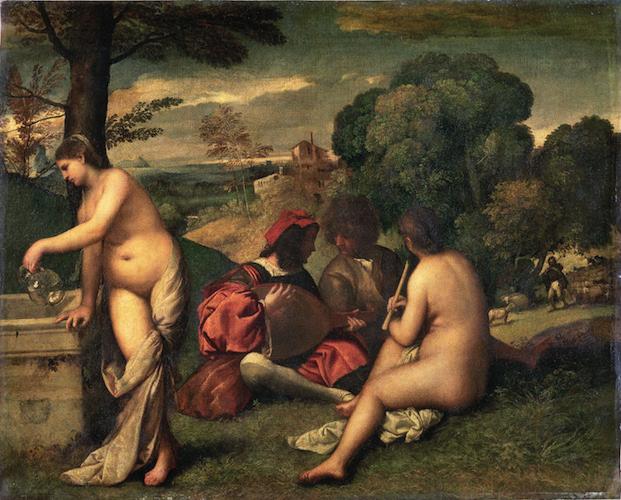Alt sağ bölümde iki su tanrısı ve bir su perisi betimlenmiştir (Manet in Kırda Öğle Yemeği isimli eserine, referans aldığı figürler).