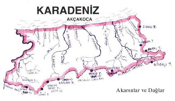 Harita 2: Akçakoca Akarsular ve Dağlar 96 6.Bitki Örtüsü Karadeniz kıyısındaki dar şeritte maki olarak da nitelendirebileceğimiz bitki türleri yer almaktadır.