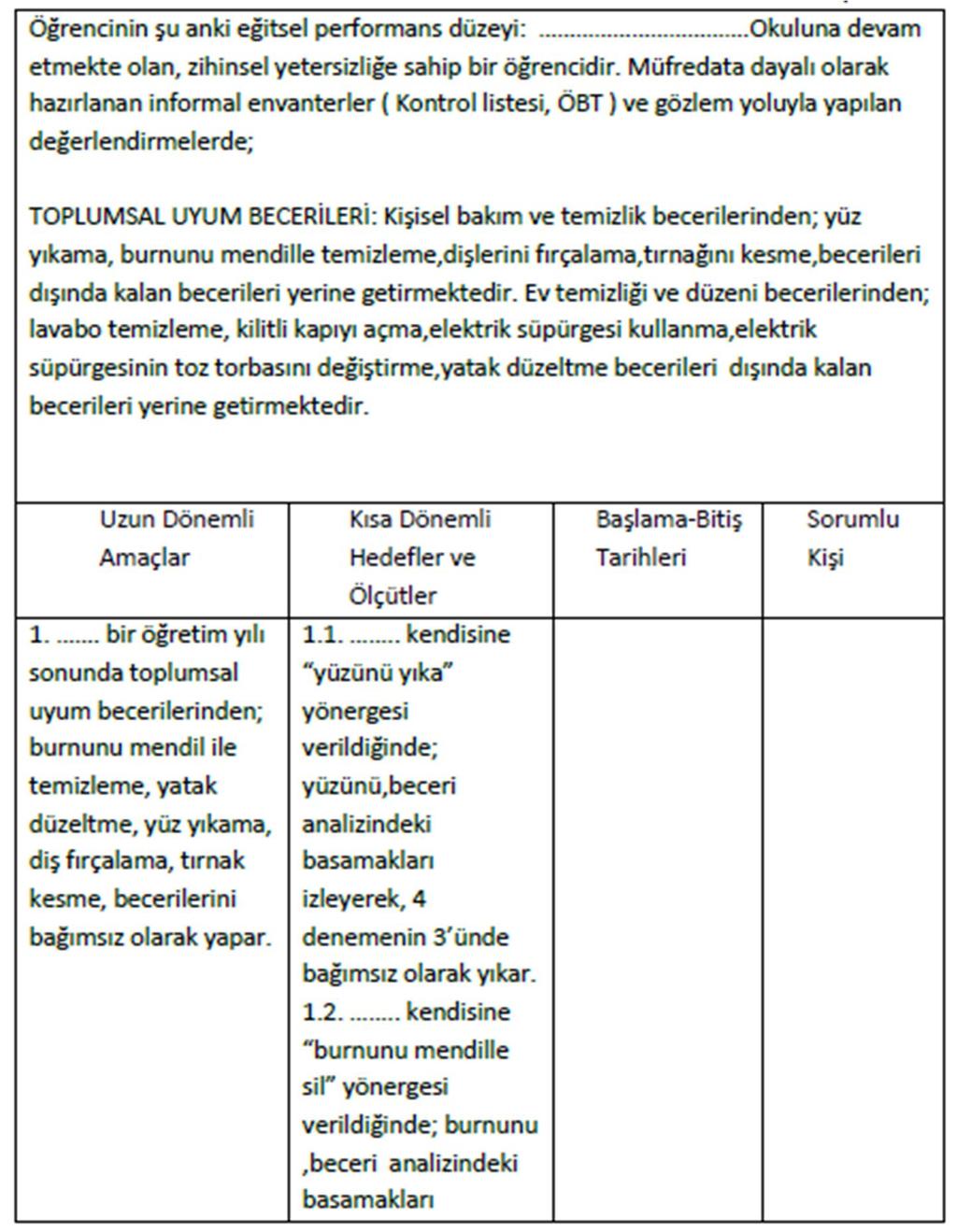 Uzun dönemli amaçların incelenmesi İfadeler bilişsel, duyuşsal-sosyal, psikomotor becerileri, dil ve konuşma becerileri ve uygun olduğu durumlarda iş ve mesleki becerileri içermelidir.