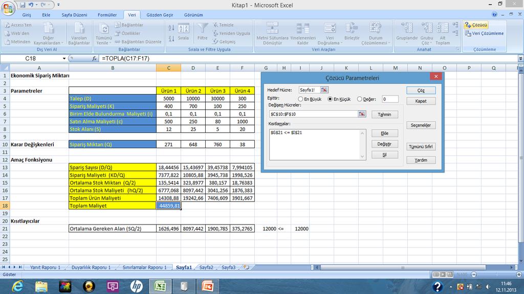 Excel Solver (4) Kısıtlayıcılar: Kısıtlayıcılar, solver diyalog kutusunda belirtilecektir.