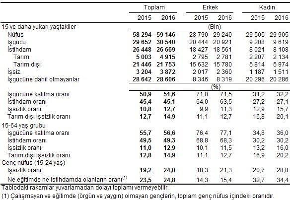 Genç nüfus içerisinde genç erkeklerde işsizlik oranı aşağıdaki tabloda da görüleceği üzere Aralık 2015 de %18,3 iken Aralık 2016 da %21,3 e yükselmiş, genç kadınlarda ise %20,7 den %28,8 e