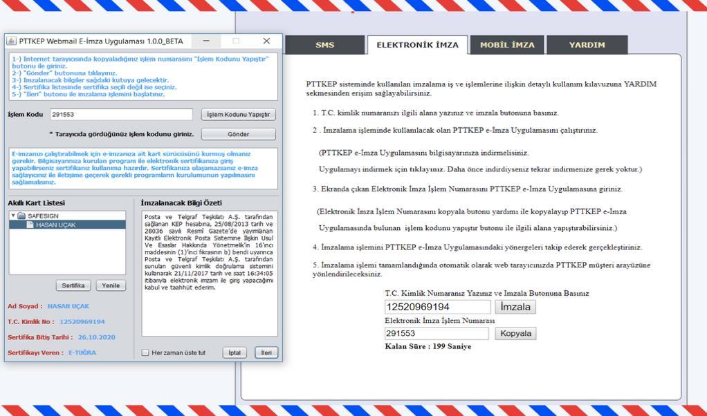 6. PTTKEP Kullanıcı Girişi sayfasında oluşan elektronik İmza İşlem numarasını Kopyala butonuyla kopyalayın.