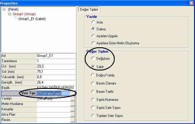 Başlık değiştirildikten sonra Veri Tipi bölümü tıklanır. Bu bölüm ise oluşturduğumuz Etiketin sabit bir değer mi yoksa değişken mi olduğunu ayarlamak için kullanılan bölümdür.