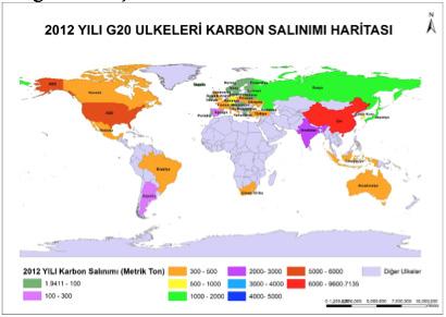 Şekil 4. Ülkelerin 2012 yılı karbon emisyonların tematik harita ile gösterimi Şekil 5. Ülkelerin 1990 yılı karbon emisyonların grafiksel sunumu 6.
