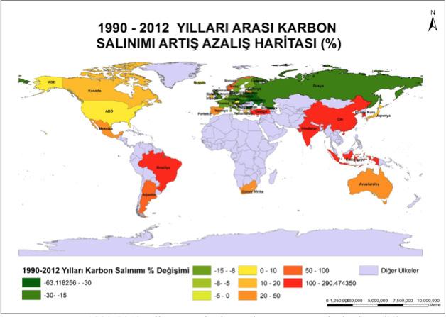 Şekil 6. 1990-2012 yılları arası karbon salınımı artış azalış haritası (%) Şekil 7. 1990-2012 yılları arası karbon salınımı artış ve azalış gösteren ülkeler.