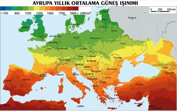Aşağıda tüm Avrupa kıtasının güneş ışınımı haritası bulunmaktadır. Her iki haritanın karşılaştırılması sonrasında Türkiye nin Avrupa kıtasındaki en çok güneş alan 2.ülkesi olduğu anlaşılmaktadır.