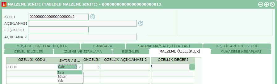 Malzeme Özellik Tanımları Malzeme özellik bilgileri penceresinde kaydedilen bilgiler şunlardır: Kodu: Malzeme özellik tanım kodudur. Açıklaması: Malzeme özelliği tanım açıklamasıdır.