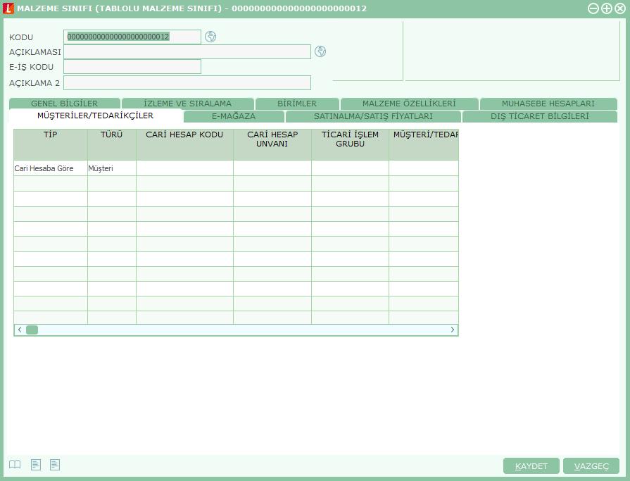 Malzeme/Malzeme Sınıfı Müşteri - Tedarikçi Bilgileri Alınan ve satılan malzemeler müşteri/tedarikçi ya da ticari işlem grubu belirtilerek kaydedilir.