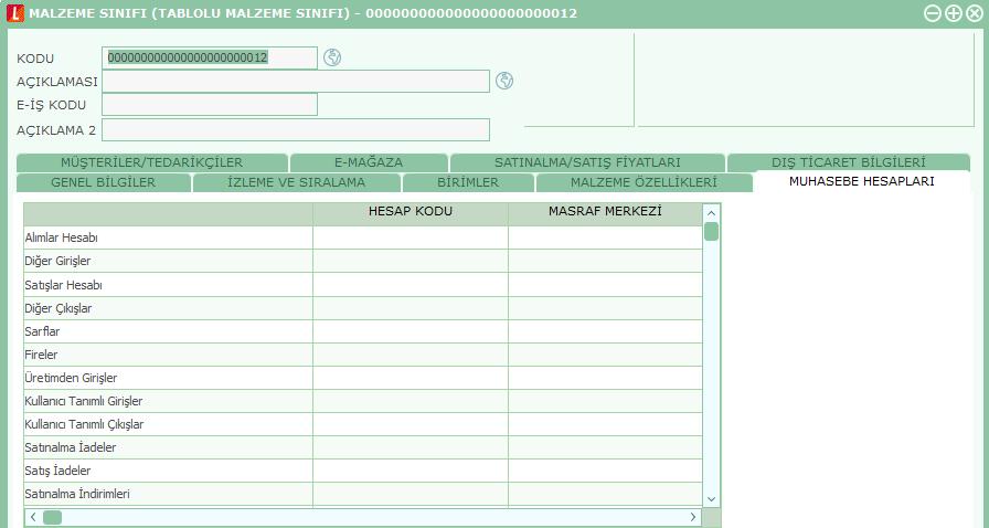 Malzeme/Malzeme Sınıfı Muhasebe Hesapları Malzeme/Malzeme sınıfına ait işlemlerin, muhasebeleştirme yapıldığında izleneceği hesap kodları, tanım üzerinde Muhasebe Hesapları seçeneği ile kaydedilir.