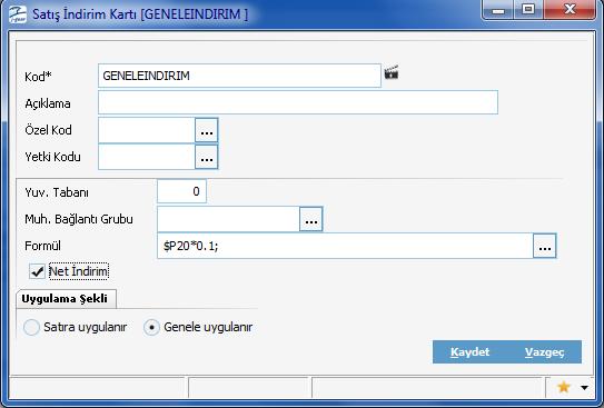 Satış İndirimi Bilgileri Satış işlemleri sırasında fiş/fatura geneline ve/veya satırdaki malzeme/hizmet hareketine uygulanacak indirimler Satış İndirimleri Listesinde yer alan Ekle seçeneği ile