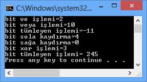Bit Tabanlı Operatörler using System; class mantıksal_operatörler { public static void Main() { int a = 10; int b = 2; Console.WriteLine("bit ve işlemi=" + (int)(a & b)); Console.