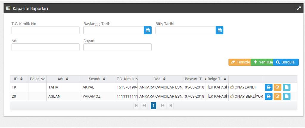 butonu tıklanarak Oluşturulmuş olan kapasite raporu Mühendis tarafından onaylanmadan önce yapılması istenilen değişiklikler güncelleme