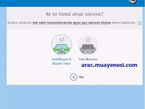 (Hata olduğu düşünülüyor ise Trafik Tescil bürosundan düzeltme işlemi yaptırıldıktan sonra randevu işlemine geçilmelidir.) Uygun olarak karşımıza gelen araç tipi üzeri tıklanır.