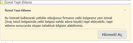 1. Özmal Taşıt Ekleme Özmal Taşıtı Yetki Belgesine eklemek için; Şekil-1 de görülen Yetki Belgeleri işlemleri menüsünden Özmal Taşıt Ekleme linki tıklanır.