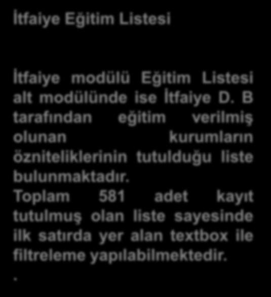 İtfaiye Eğitim Listesi İtfaiye modülü Eğitim Listesi alt modülünde ise İtfaiye D. B tarafından eğitim verilmiş olunan kurumların özniteliklerinin tutulduğu liste bulunmaktadır.