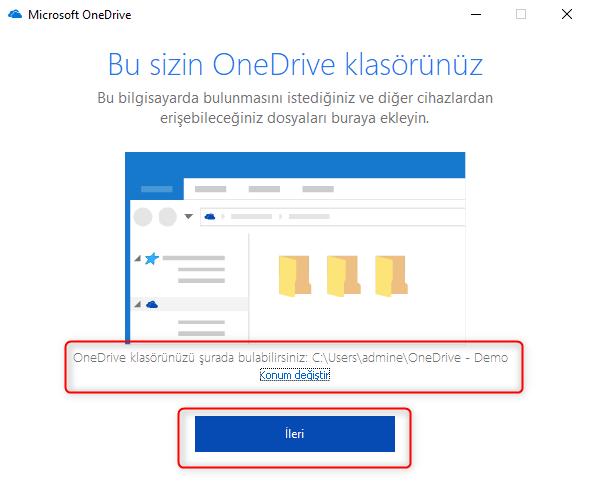 Oturum açıldıktan sonra cihazda OneDrive for Business belgelerinin yer alacağı klasör seçilir. Burada belirtilen klasörün içerisindeki bilgilerde OneDrive for Business da yer alır.