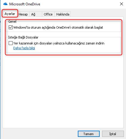 Ayarlar bölümünde ise OneDrive oturum açıldığında otomatik başlatılması ve İsteğe Bağlı Dosya (Files on Demand) özelliği aktif edilir.