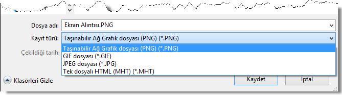 EKRAN ALINTISI ARACI Gerekli işlemleri yaptıktan sonra son halini alan ekran alıntısını bir dosyaya kaydetme işlemi sırasında kaydet ekranındaki kayıt