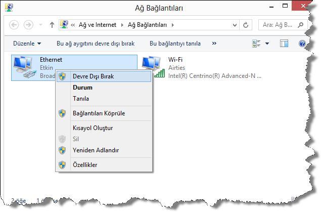 Bağdaştırıcı Ayarlarını Değiştirme Ağ Bağlantıları sayfasında listelenen bağlantılardan kullanılması istenen bağlantı simgesi üzerinde