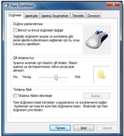 FARE Farenin hızı, fare işaretinin görünümü, çift tıklama hızı, sol elini kullanan