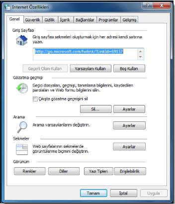 İNTERNET SEÇENEKLERİ Windows 7 ile birlikte gelen bir web tarayıcı olan Internet Explorer programı ile ilgili ayarlar bu bölümde