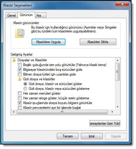 GÖRÜNÜM SEKMESİ Klasörlere ait görünüm ve gelişmiş bazı özellikleri ayarlamak için kullanılır. Klasör görünümleri bölümünde iki adet düğme yer almaktadır.