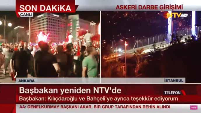 02:55 Yeniden NTV televizyon yayınına bağlanan Başbakan Binali Yıldırım, Havadaki jetlerle kurumlarımıza mermi, bomba yağdıranlar adeta bu terör örgütünün elemanı