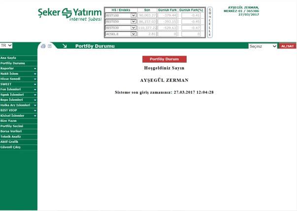 Değerli internet şube müşterimiz, internet şubemize giriş yaptığınızda otomatik olarak sizi portföy durum